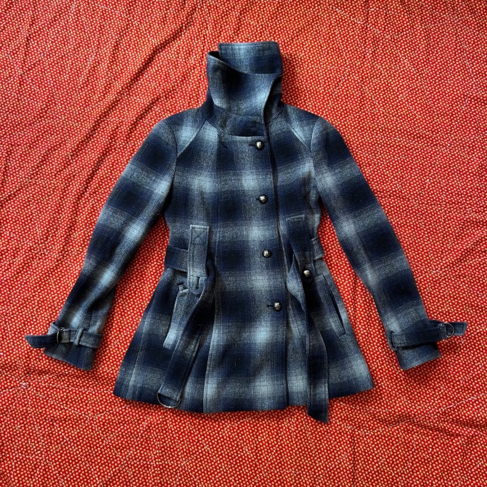 Miss Sixty vintage Blue Plaid Blend Belted Pea Coat Jacket XS